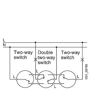 Схема подключения двухклавишного проходного выключателя Siemens - один двухклавишный переключатель 5TA2118 и два проходных одноклавишных переключателя 5TA2156