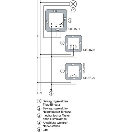 Схема подключения датчика движения Siemens c дополнительным датчиком движения(для увеличения зоны действия) и кнопкой(для ручного включения света на время установленного на датчике)