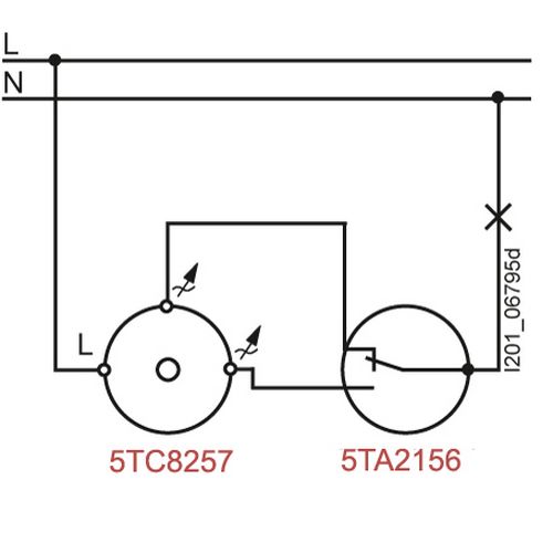 Схема подключения светорегулятора Siemens 5TC8257 в паре с переключателем 5TA2156. Здесь включение и выключение света возможно с двух мест, а регулировка освещенности только со стороны диммера