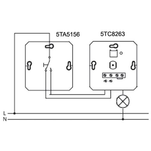 Рис.С. Cхема подключения светорегулятора Siemens 5TC8263 в паре с переключателем 5TA5156, вкл./выкл. с двух мест, регулировка освещенности только состороны диммера, здесь нагрузка со стороны диммера.