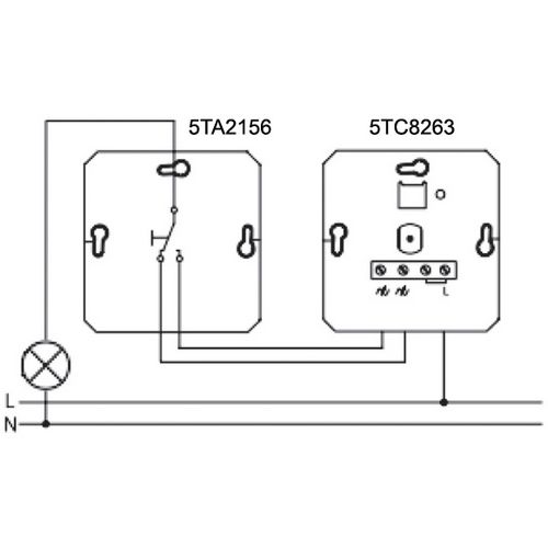 Рис.D. Cхема подключения светорегулятора Siemens 5TC8263 в паре с переключателем 5TA5156, вкл./выкл. с двух мест, регулировка освещенности только состороны диммера, здесь нагрузка со стороны переключателя.