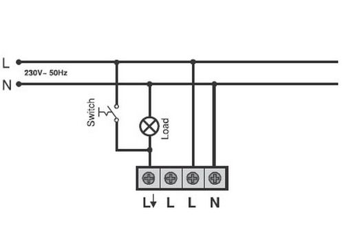 Схема подключения потолочного датчика движения Сименс 5TC7200 / 5TC7220-0 в паре в выключателем. Здесь становится возможным включение светильника (нагрузки) не зависимо от реакции датчика движения и возврат датчика в штатную работу.