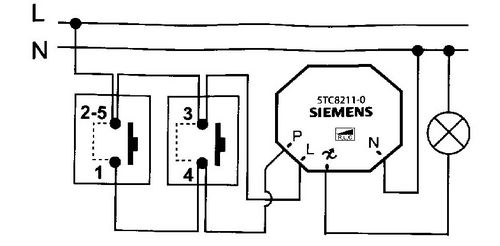 Электрическая схема подключения светорегулятора, диммера 5TC82110 номер 5TC8211-0 с использованием 2 параллейно подключенных кнопочных выключателей