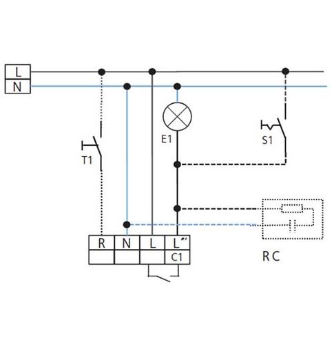 Стандартное подключение детектора движения 5TC1700
S1 = перейти на постоянное света., с помощью выключателя
T1 = NO кнопку, ручное переключение дополнительно можно RC = RC компонент, если это необходимо.